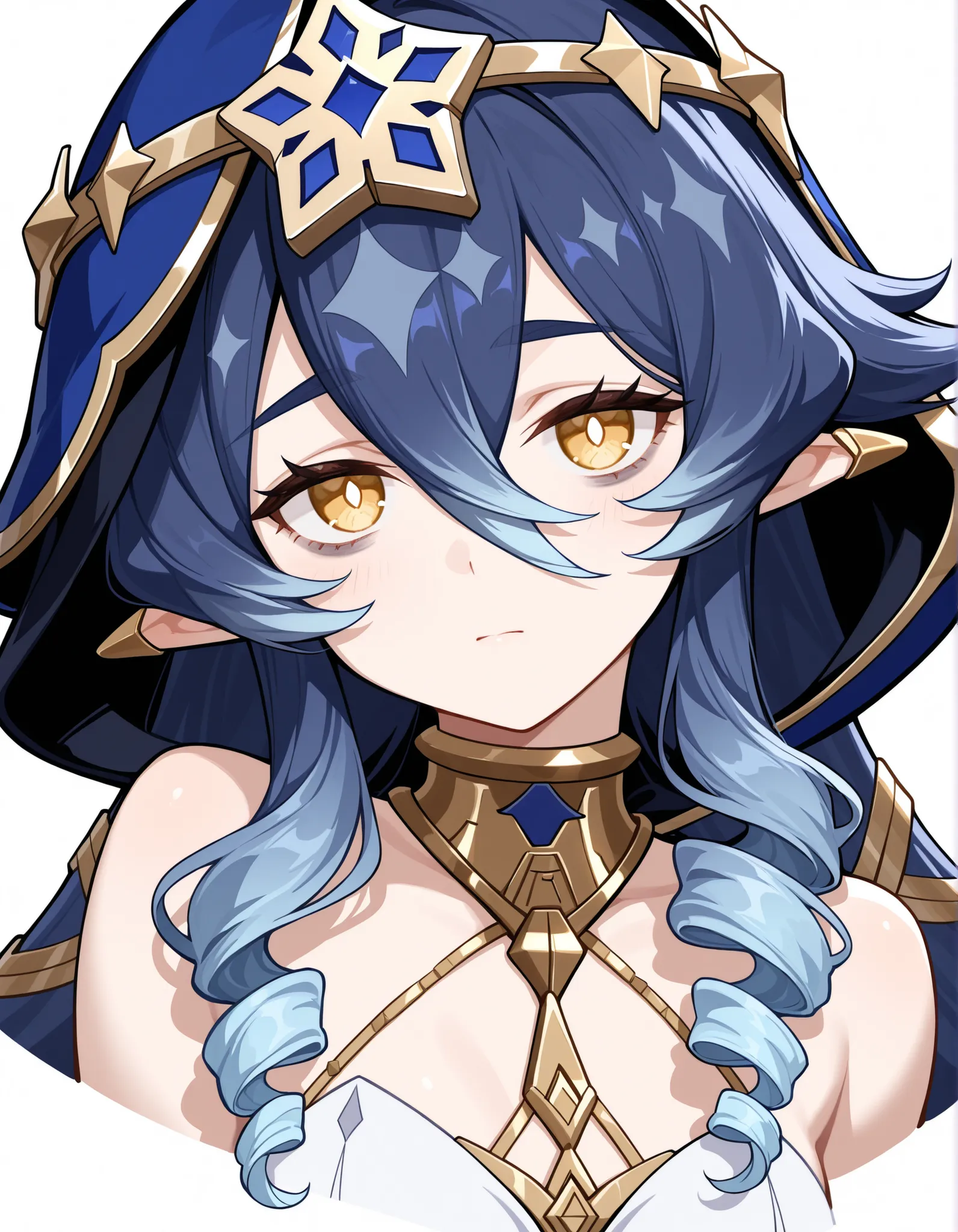 masterpiece, best quality, 1girl, layla \(genshin impact\), solo, pointy ears, drill sidelocks, blue hair, hair between eyes, drill hair, white background, long hair, hood, sidelocks, yellow eyes, blue hood, simple background, looking at viewer, hood up, c...