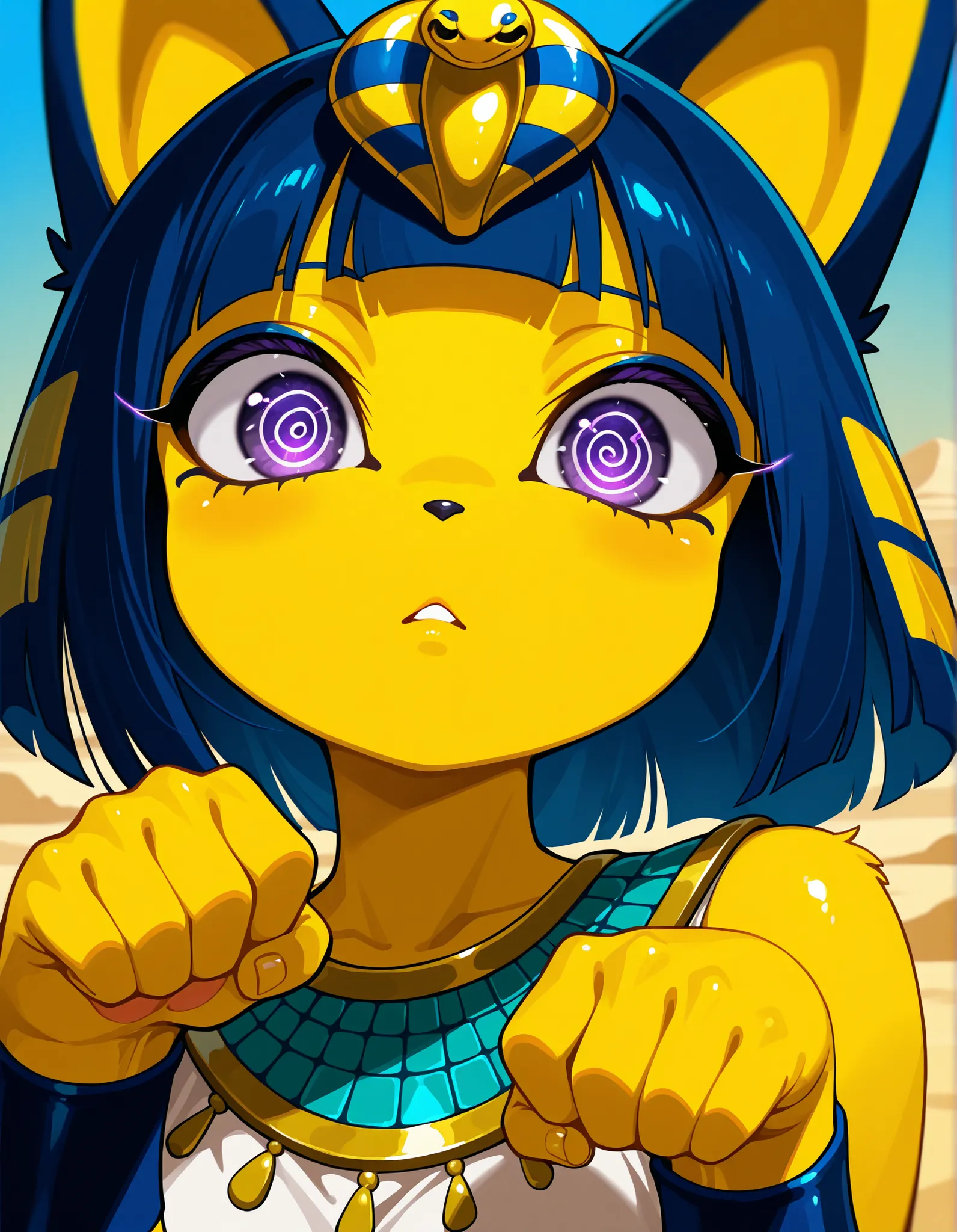 shadowillstyle, depth of field, 1girl, furry, ankha \(animal crossing\), expressionless, eye reflection, yellow background, yellow theme, blue background, desert, spiral eyes, purple eyes, glowing eyes, wide-eyed, paw pose, looking at viewer, close-up, par...