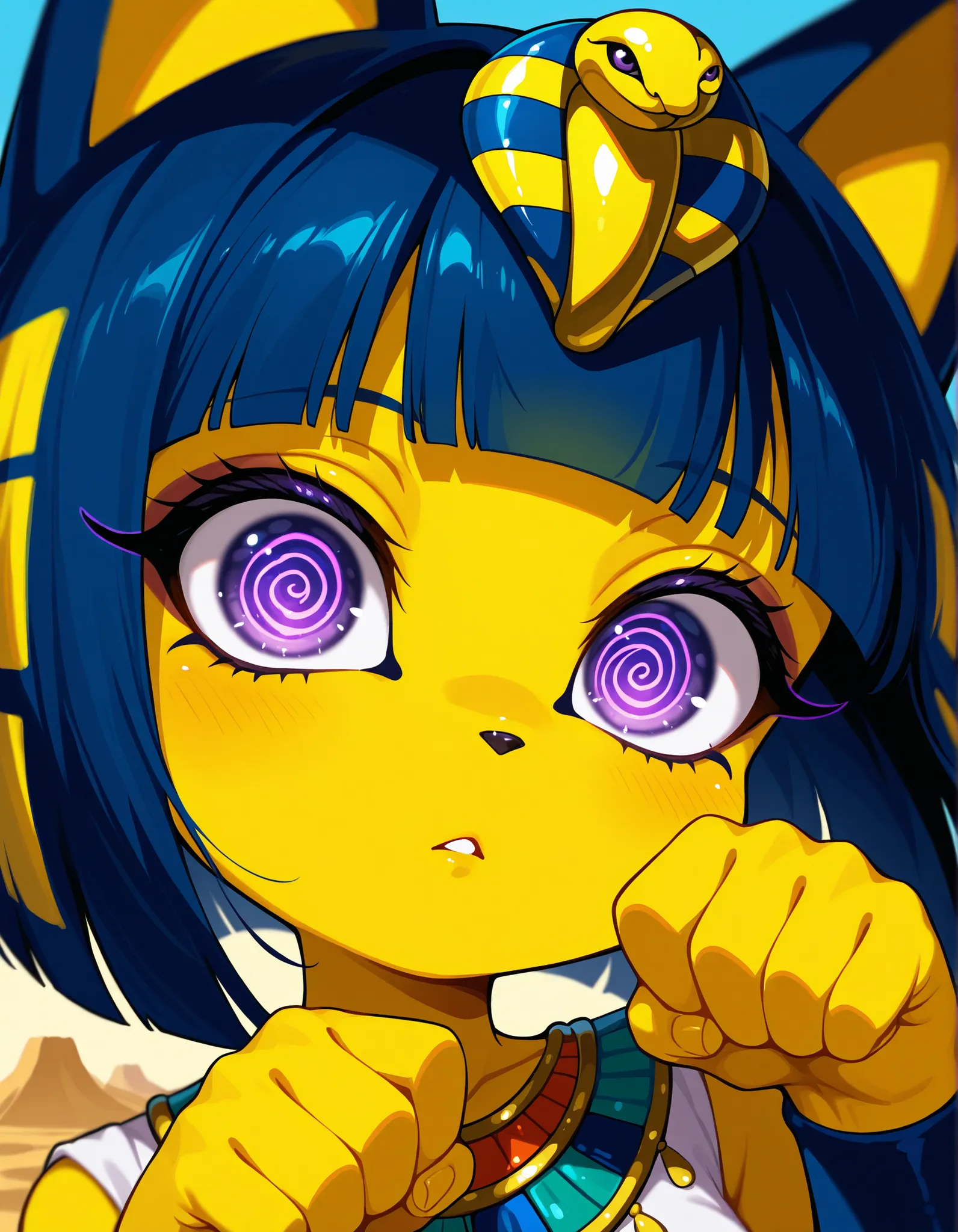 shadowillstyle, depth of field, 1girl, furry, ankha \(animal crossing\), expressionless, eye reflection, yellow background, yellow theme, blue background, desert, spiral eyes, purple eyes, glowing eyes, wide-eyed, paw pose, looking at viewer, close-up, par...