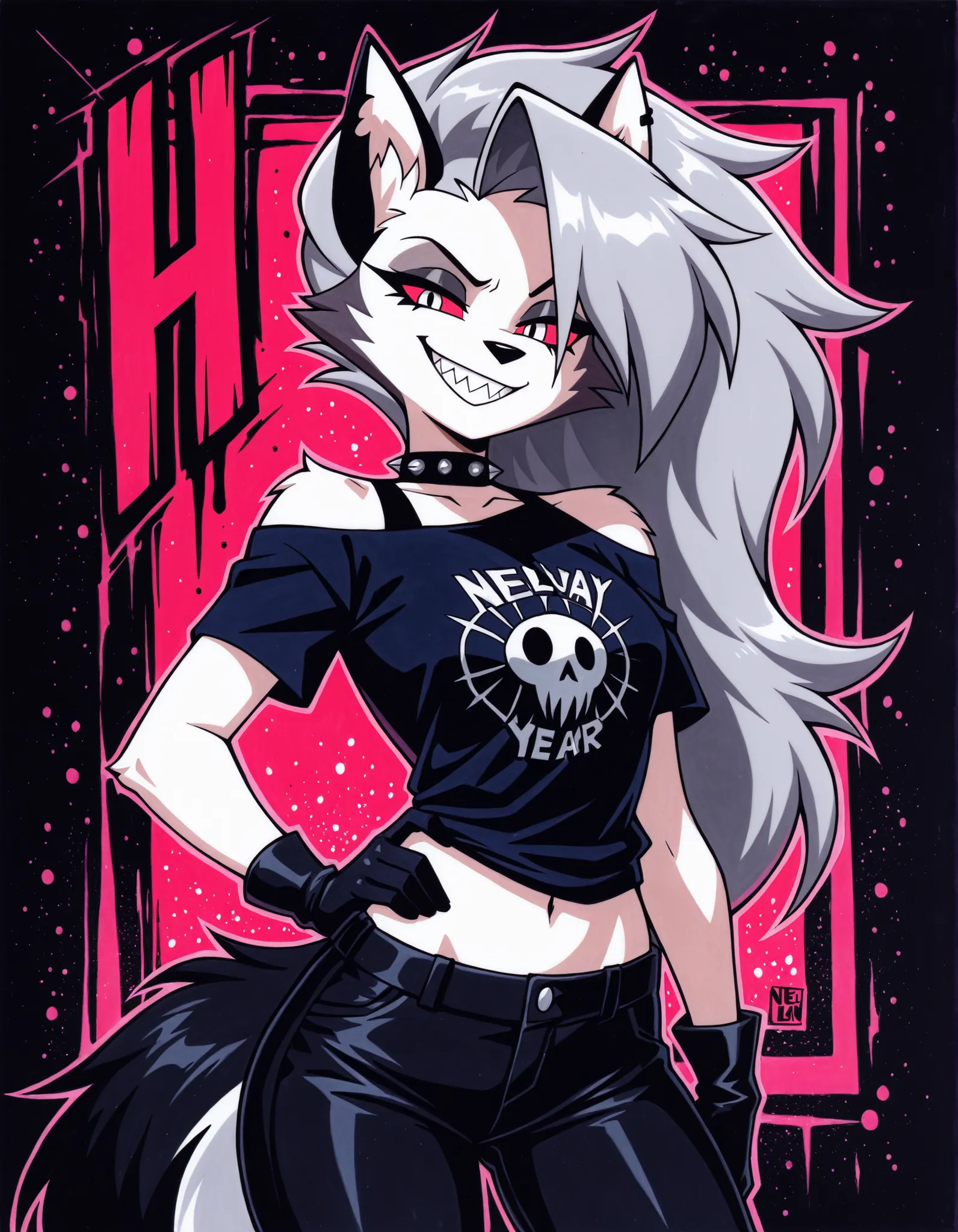 loona \(helluva boss\), helluva boss, 1girl, solo, traditional media, safe, epic, sharp teeth, grin, detailed, cowboy shot, neon background, text LOONA in the background, very awa, masterpiece, best quality, high quality, newest, recent, year 2024, absurdr...