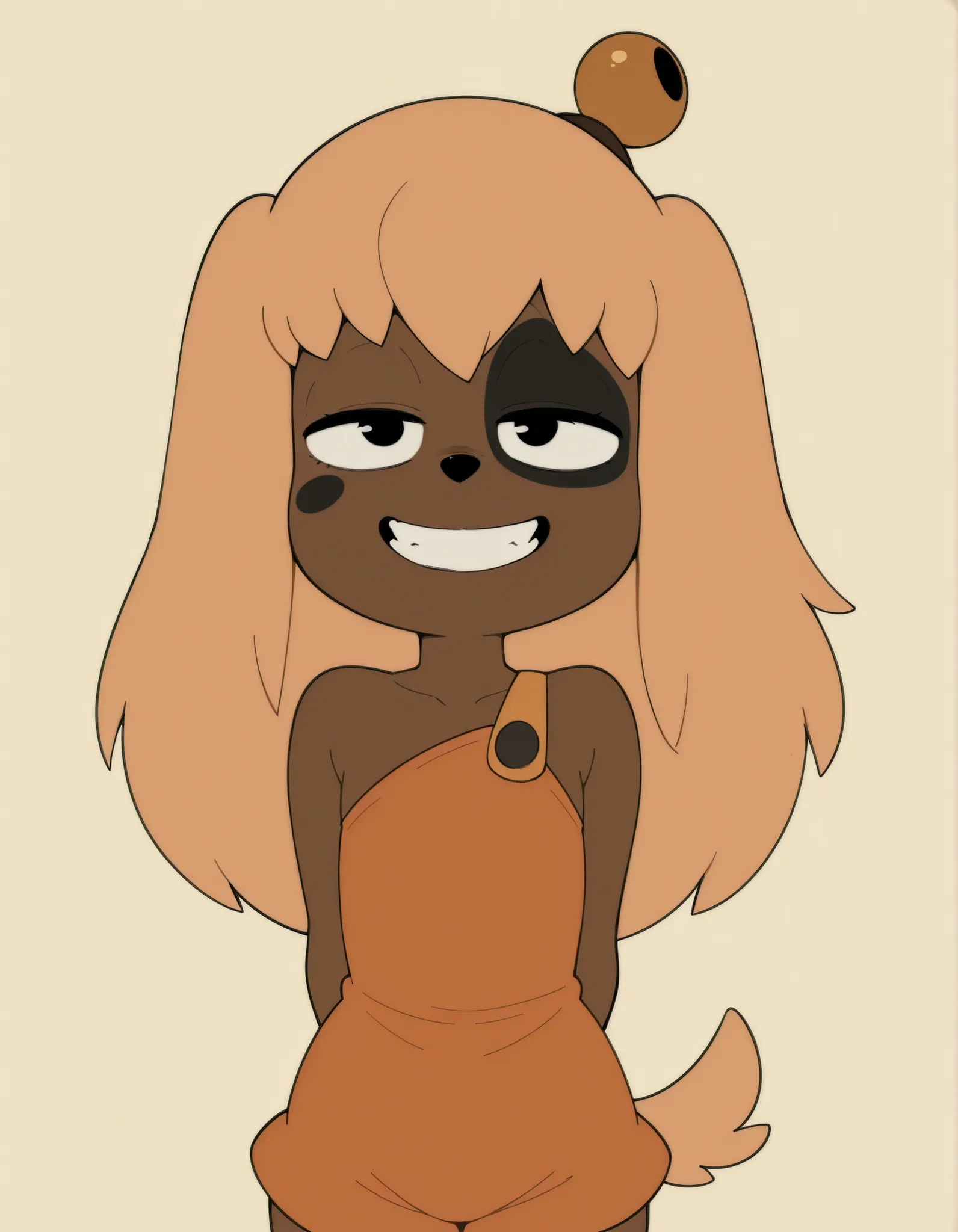  lilotte, solo, furry female, 1girl, young, long hair, dog ears, black eyes, orange overalls, blonde hair, tail, hair bell, animal nose,smile, looking at viewer, simple background, grin, teeth, arms behind back,