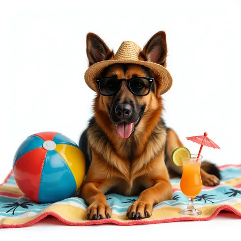 On a white background there is a German Shepherd, lying relaxed pose on a bright beach towel with a summer print (for example, with palm trees or waves). The dog has sunglasses on its face, giving it a mischievous and fashionable look. On the head there is...