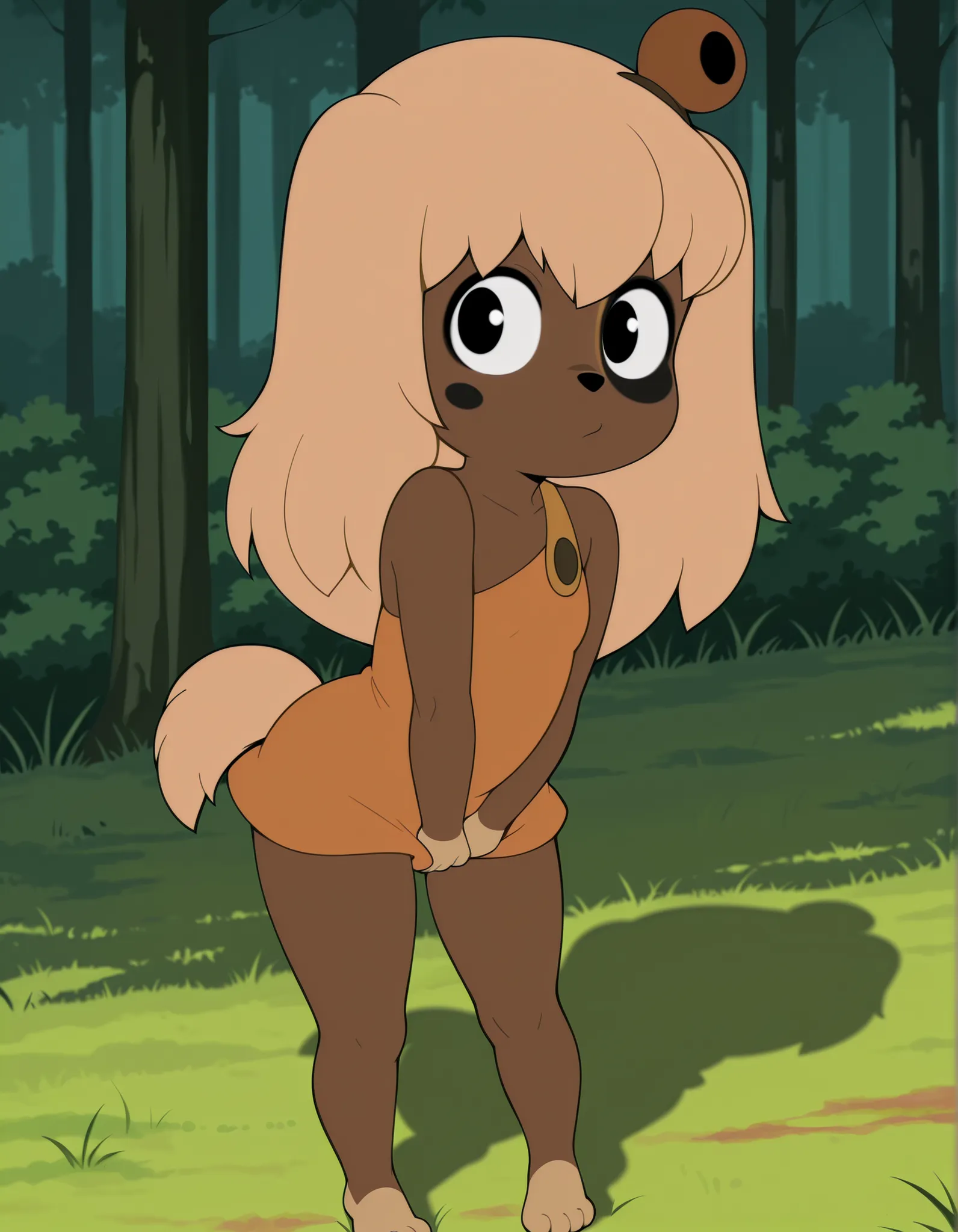 (lilotte), (tail covering crotch:1.3), solo, young, 1girl, dog ears, long hair, furry female, dog tail, long tail, big tail, barefoot, looking at viewer, blonde hair, black eyes,
