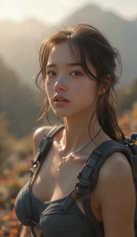 no, Ray tracing, Radio City, Anisotropic filtration, 16,000, best quality, 1 woman, alone, beautiful mountain climber, Hiking clothing, Gradient long hair, climbing equipment、sunset、big breasts 、valley, Solo, 8k, photoshoot, perfect body, perfect skin, sli...