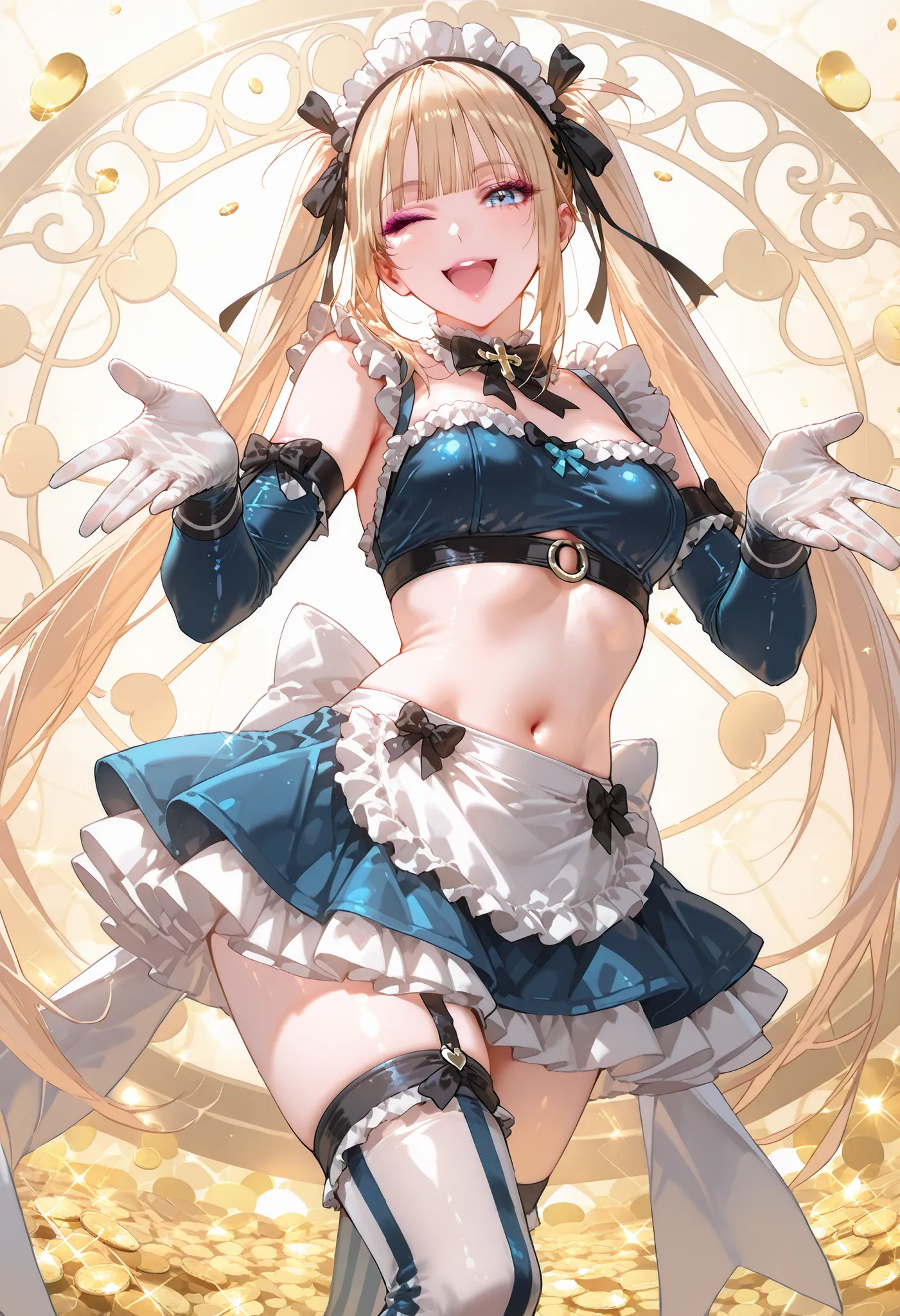 (m18+), masterpiece, best quality, Marie rose, small breasts, one girl, blonde hair, Long Hair, twintails, blunt bangs, blue eyes, clothes cutout, navel, pink lips, makeup, purple eyeshadow, 1girl,sexy maid outfit, frilly maid headband, mini skirt with ap...