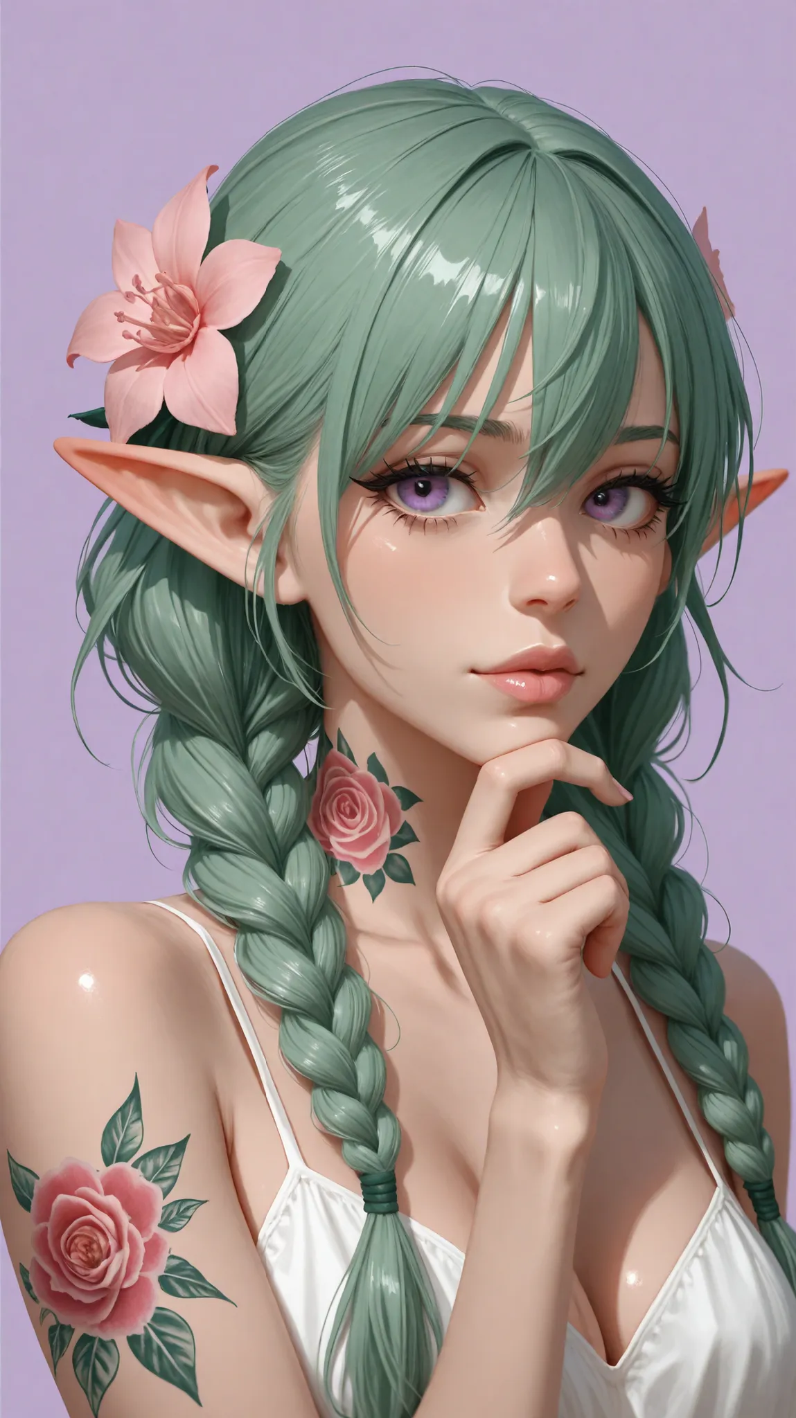 obra-prima,best quality style,ultra high resolution,girl,8k uhd,hyper detailed,depth of field,Sozinho,1 menina,looking at the viewer,franja,green hair,long hair,braids,hair between the eyes,elf ears,pastel purple background ,simple background,olhos roxos,t...