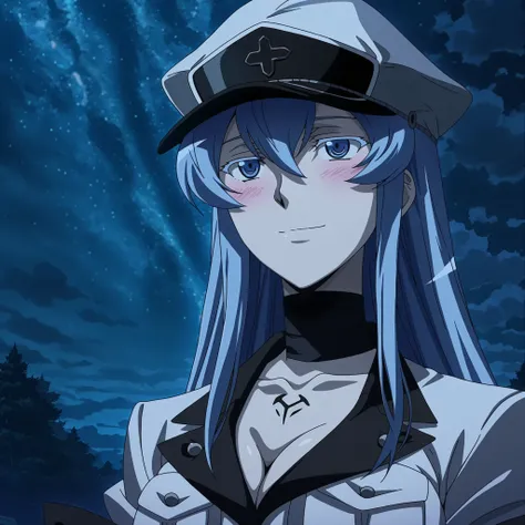  1girl, solo, blue eyes, blue hair, long hair, white uniform, blush, night, cap, light smile, esdeath from akame ga kill anime