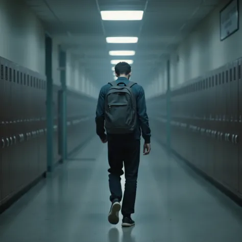 ((Close)) Ambiente: Long school corridor, with waxed floors and blurry side cabinets.
lighting: Fluorescent lights on the ceiling, with cold glow and subtle buzz.
color palette: Cool tones — greyish blue, branco, cinza.
Um jovem, (( ager)) Walking in the c...