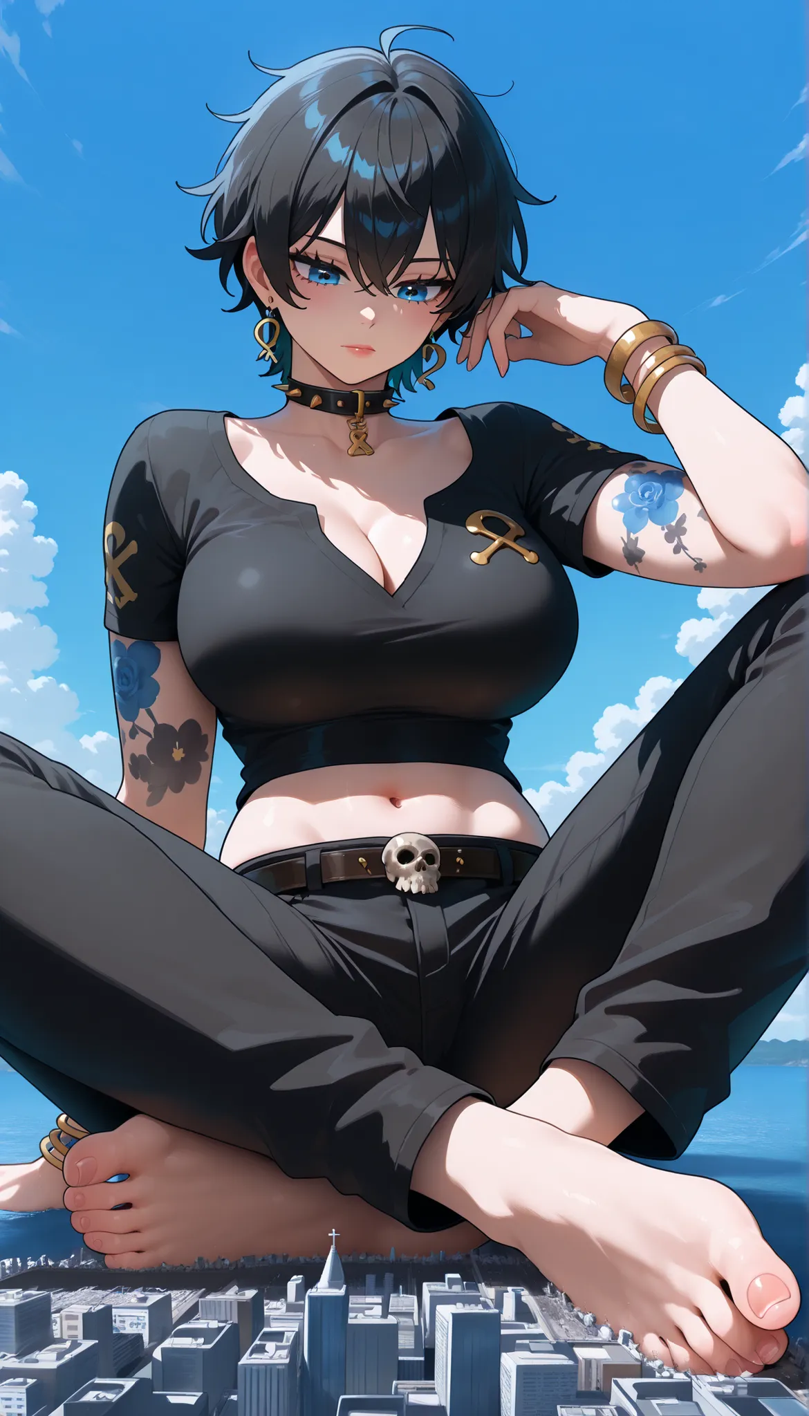 score_9, score_8_up, score_7_up, (sitting cross-legged:1.2), 1girl, solo, short hair, blue eyes, boat background, (large breasts:1.2), shirt, black hair, navel, cleavage, jewelry, earrings, midriff, belt, pants, collar, bracelet, black shirt, tattoo, black...