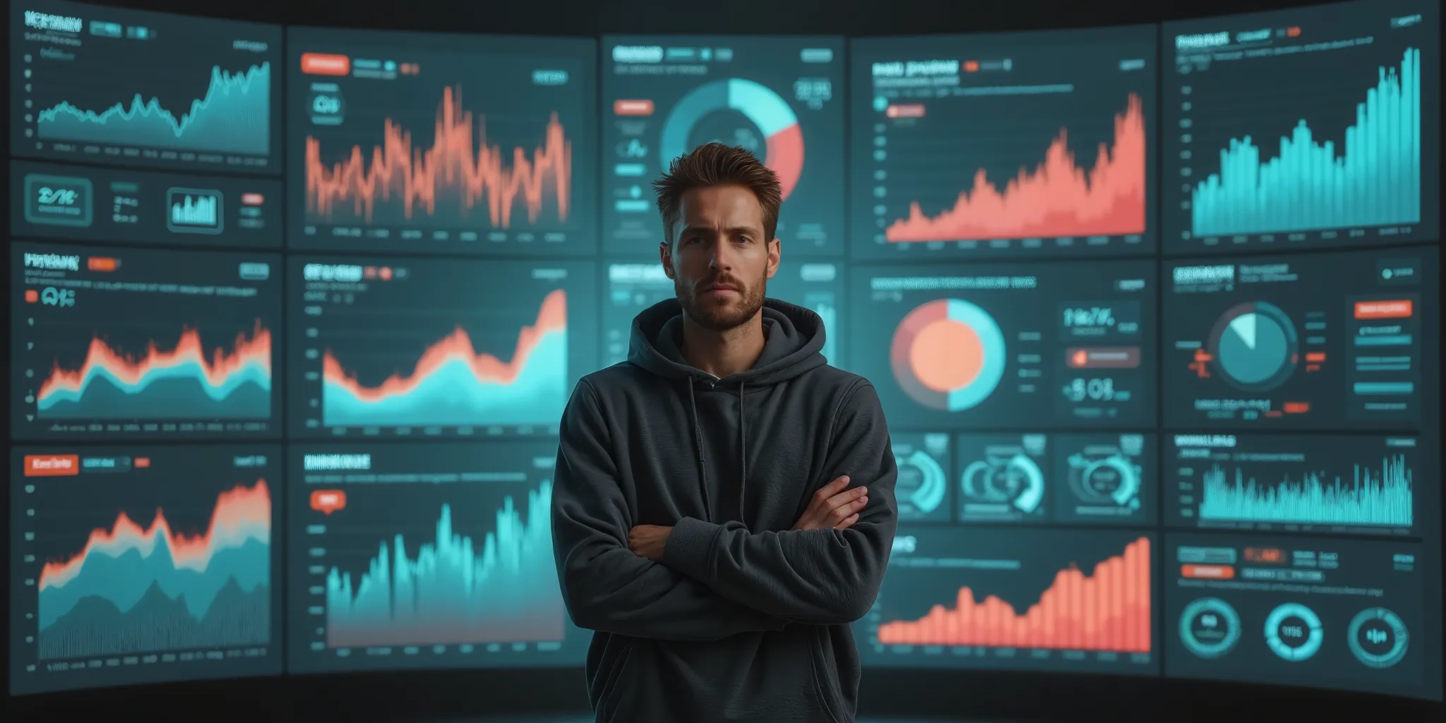 In the image, a man in a sweatshirt is standing with his arms crossed against the background of a large number of digital interfaces and graphs, they seem to be in a semicircle. He looks thoughtful, maybe, analyzing. In the background, digital panel visual...