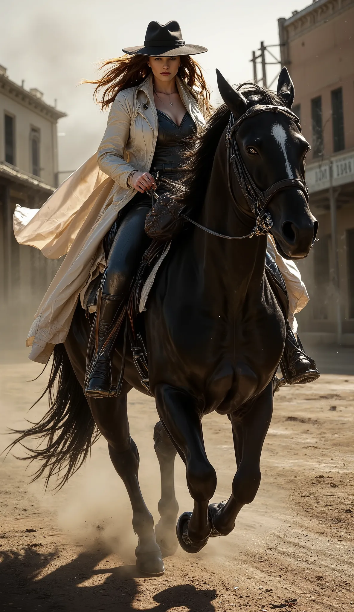 Hyper-realistic cinematic action scene of a female Western gunslinger in medium shot, astride a black stallion, riding through a cold, filthy old town. The gunslinger wears a white leather overcoat that billows behind her in the wind, and a wide-brimmed ha...