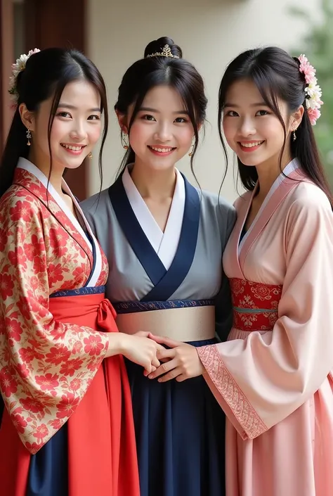 high quality photos,  Japanese woman wearing Japanese clothes, Korean woman wearing chimachogori, Chinese woman wearing traditional Han costume,  smiling women , holding hands