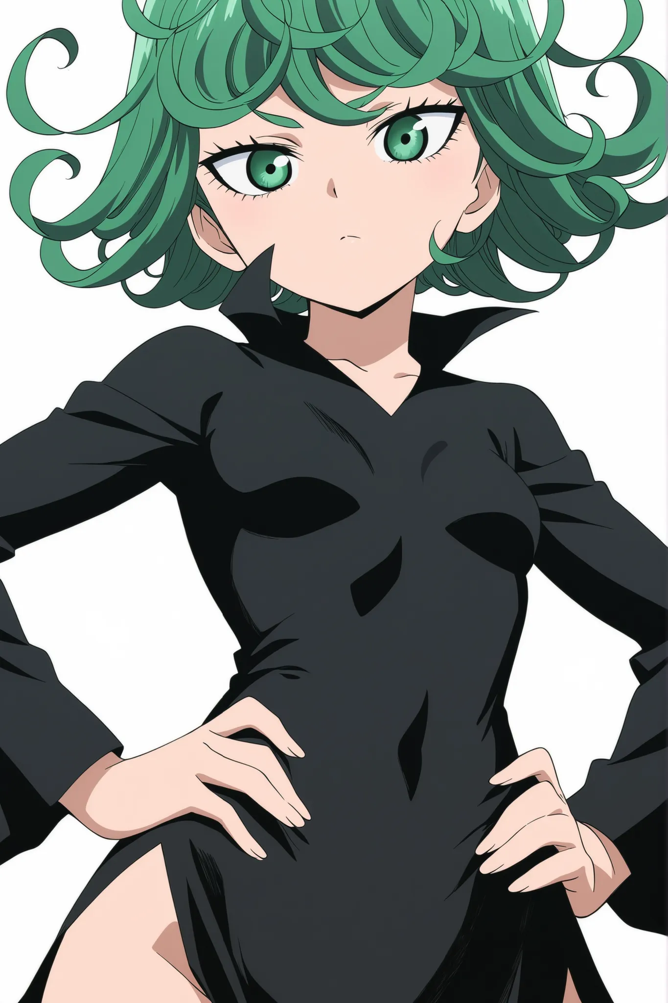  white background, simple background, highly detailed, anime coloring, (masterpiece), (best quality), (ultra-detailed), (anime screencap), (anime keyvisual), 1girl, solo, tatsumaki, short hair, curly hair, small breasts, long sleeves, black dress, hands on...