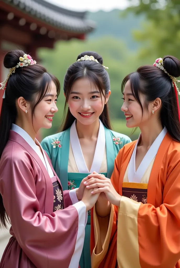 high quality photos, Japanese Women in Edo Period Costumes, Korean Women in Joseon Dynasty Costumes, Chinese Women in Tang Dynasty Costumes,  smiling women , holding hands