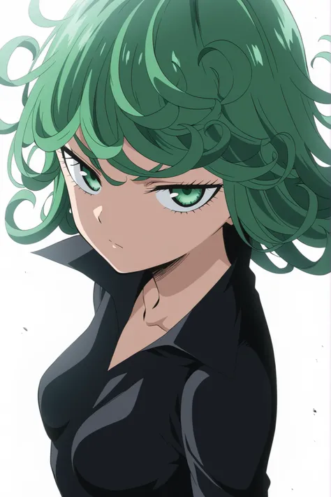  white background, simple background, highly detailed, anime coloring, (masterpiece), (best quality), (ultra-detailed), (anime screencap), (anime keyvisual), 1girl, solo, tatsumaki, short hair, curly hair, small breasts, long sleeves, black dress, close up...