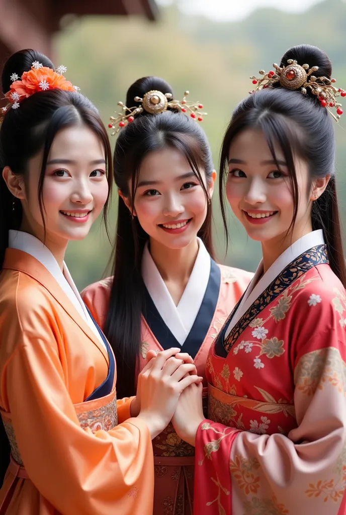 high quality photos, Japanese Women in Edo Period Costumes, Korean Women in Joseon Dynasty Costumes, Chinese Women in Tang Dynasty Costumes,  smiling women , holding hands, and look at the camera