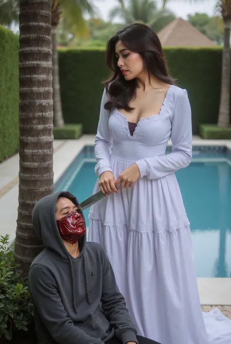 Realistic, A Very beautiful woman, boy hoodie, woman kill boy, woman very big breast, woman slaughters boy neck like a lamb, boy neck is flowing with blood, Luxury pool, woman white dress, woman knife, boy leaning tree, boy dead, boy full face mask