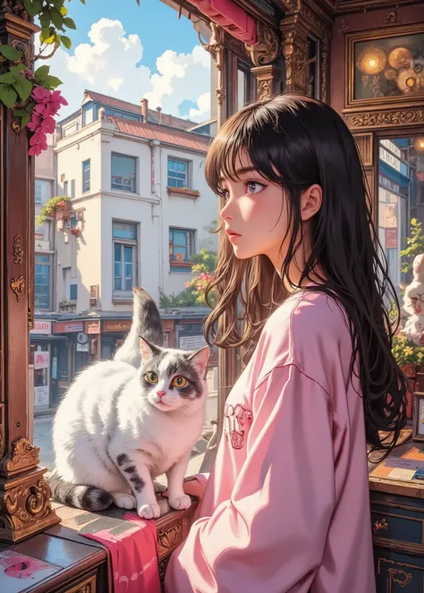 score_9, score_8_up, super realistic depiction, nothing, masterpiece, 最high image quality , high image quality, 4K quality, 8k product,Girls and Cats Are Looking Out the Window、(Cute Girls in Pink Loungewear)、(Cats Are White and Gray Alone Cats)、Outsid...