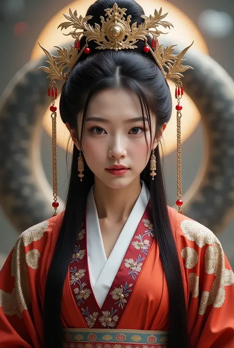 high quality photos, Guanyin Bosatsu costume, Japanese woman wearing Tang Dynasty costume, god々scary background, and look at the camera, full body image