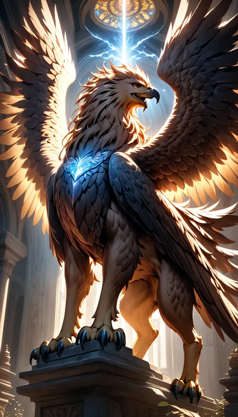 HUGE AND MAJESTIC GRIFFON , very detailed and realistic, Cinematic Dramatic Lighting , bright colors, masterpiece, Religious paintings, ARW, hyperreal, 8k, sharp concentration in nude clothes, physics-based rendering, ultra detail, complicated details, chi...