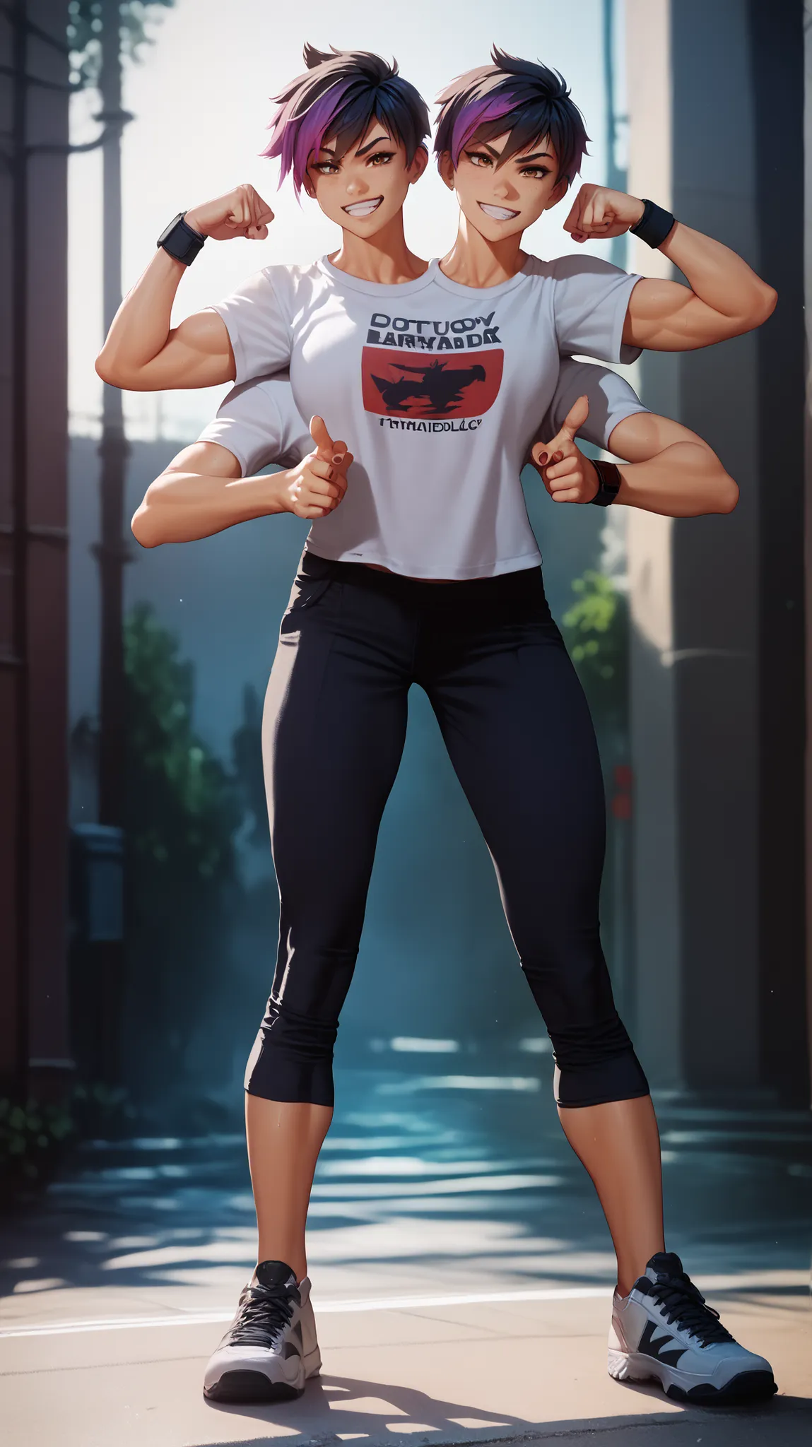 2heads, young woman, 8, tomboy, multi colored hair, long hair, short hair, flirty, athletic legs, (full body), dynamic pose, four arms, no pants