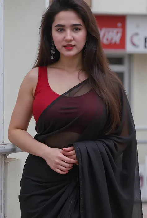 Beautiful Girl in Black Saree, Red bra blouse, Sexy Saree, Big Breast, Beautiful black eyes, Long Hair, Indian, Collarbone, Beauty enhancing face, full body pose, Full pose, Model Pose, Standing in Balcony, Ultra Realistic, Realistic, 48k, Ultra Hd, Full b...
