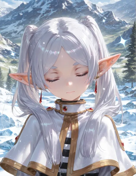 masterpiece, best quality, very aesthetic, 1girl,, solo, (Artist:human_mame:0.7),(Artist: Reoen :0.85),(nauseous:0.3),(wanke:0.4),( Modare :0.6),(WLOP:0.6),(King_(sanbonzakura):0.4), Frieren, pointy ears, Freeze, Elf, Alone, twintails, jewelry, closed eyes...