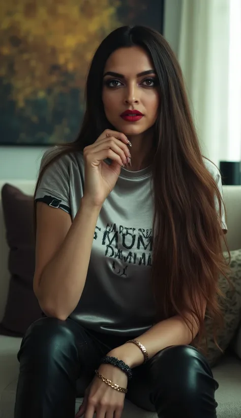 DeepikaPadukone, super detailed, long and straight hairs, gothic dress, black latex pants, silver satin top with 'Dommy Mommy' print, (gothic makeup), goth, heavy goth face makeup, eyes gothic makeup, lipstick, sitting very casually on couch and little bit...