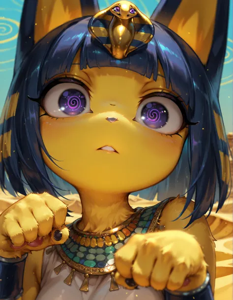 masterpiece, best quality, very aesthetic, 1girl,, solo, shadowillstyle, depth of field, furry, ankha \(animal crossing\), expressionless, eye reflection, yellow background, yellow theme, blue background, desert, spiral eyes, purple eyes, glowing eyes, wid...