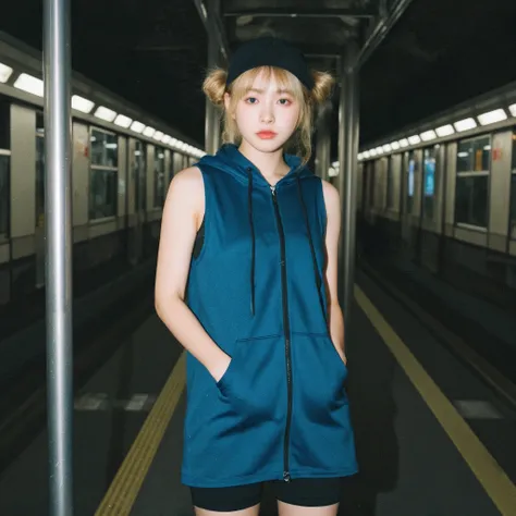 19 year old Japanese woman,The hair is blonde and is gathered in 2 buns on the side of the head,the side tails from the bun hair flow gently over the face on both sides,green eyes,sleeveless hoodie dress with a zip,Arms and shoulders are fully exposed,The ...