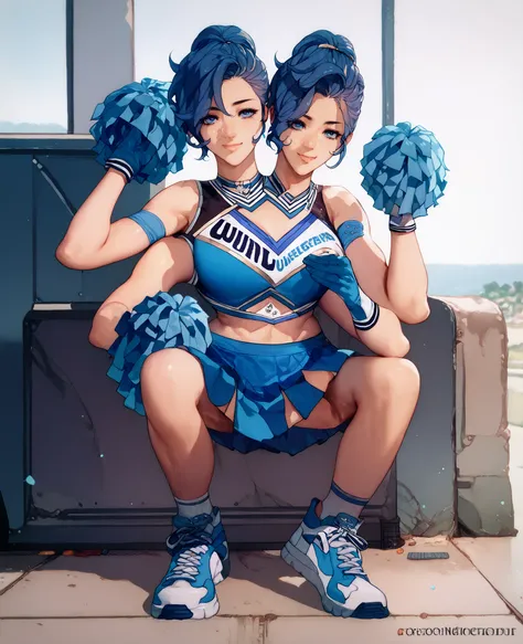 best resolution,anime woman with two heads, blue eyes, different hair colors, different hairstyles, different hair-lengths, short hair, long hair, pixie hair, straight hair, hair down, cheerleader outfit, one shoulder bare, gloves, sneakers,four arms