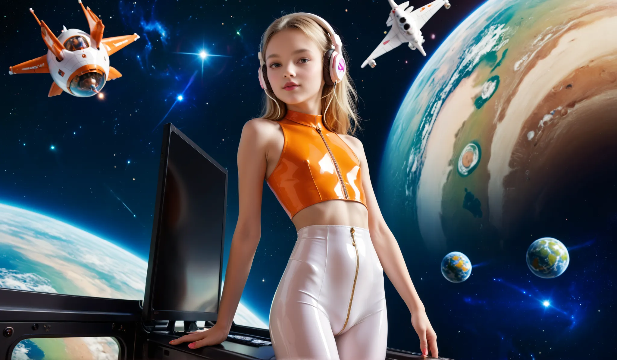 (very skinny girl: 1.2),(is a very young girl: 1.5), Beautiful girl, skinny girl, thin waist, wide hips,   Slender legs,   Very young face  , flat chest, hip distance (camel claw: 1.2), completely in colorful latex uniforms,wearing white full-size headphon...