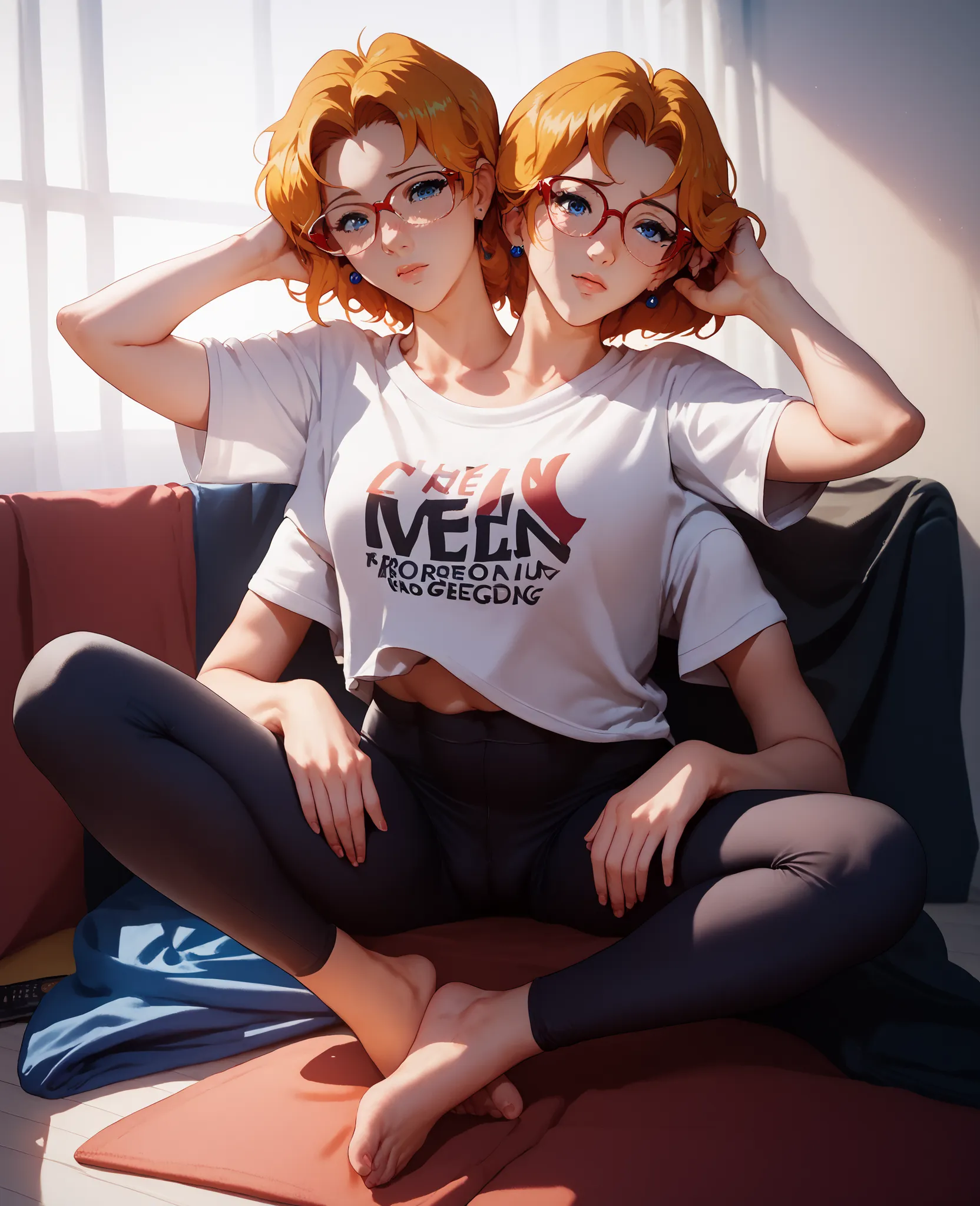 best resolution,anime woman with two heads, blue eyes, four arms, short, full body, nerdy, cute, shy, oversized t-shirt, tight yoga pants, very thin build, one head glasses, ed from Cowboy Bebop