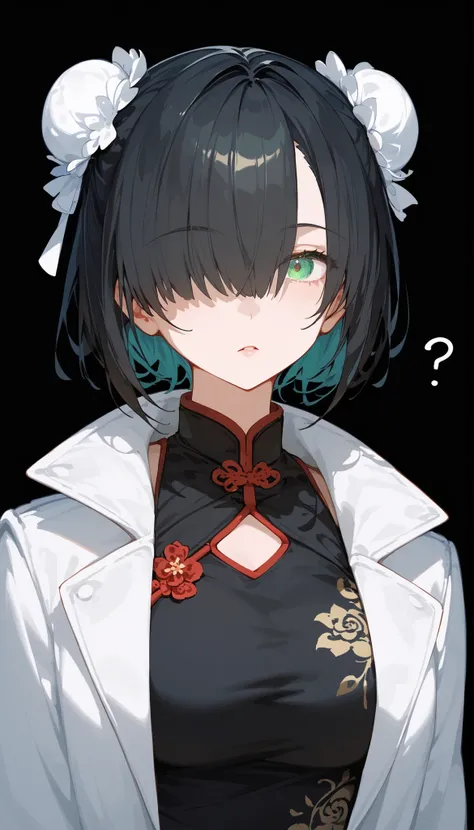 girl,short hair,White Coat,cute,,in green eyes,,in blue eyes,Light Tea,,eyelash,heterochromia,ผมสีดำ,Emotionless,black background,milf,I have a bun., black hair,in the empty eye,Chinese dress,beautiful,Hair over one eye,Confused,Tai Flower Coat,