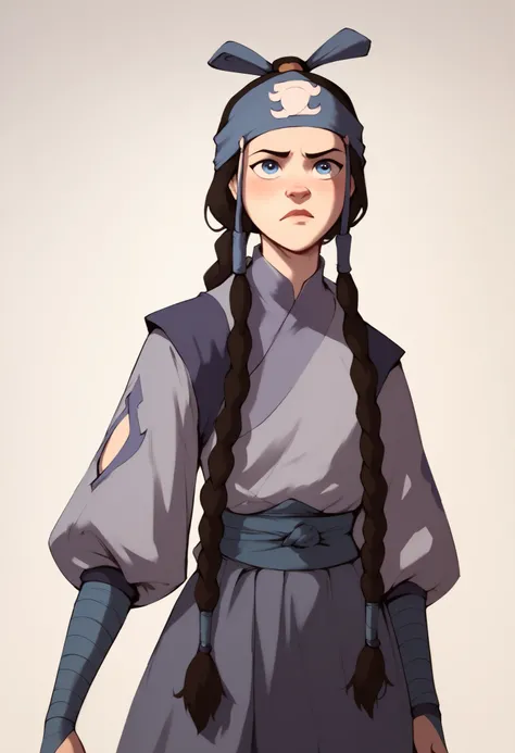 A  girl, from avatar the last Airbender (2d),  very long braided hair, bandanna , purple clothes, blue eyes