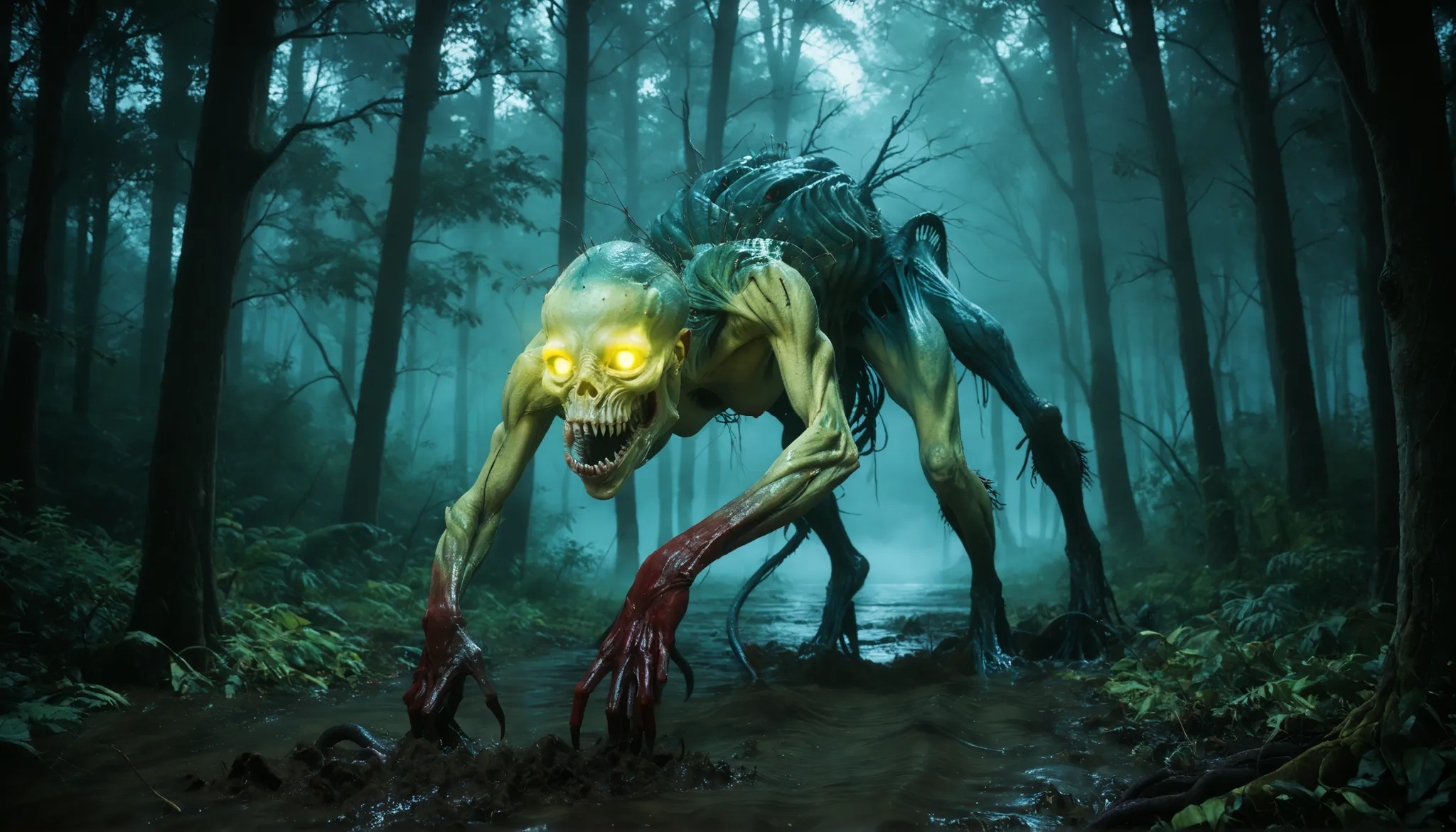 "High-resolution detailed illustration of a young, innocent-looking blonde girl with blue eyes running away in fear from a terrifying monster in a dark, misty forest. The girl has fallen into the mud, her clothes and skin partially dirtied, her expression ...