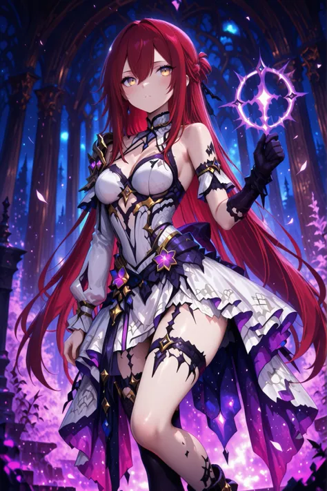 1 girl , golden eyes , very long hair , long sidelocks, red hair ,half updo, petite , very cute , beautiful ,Straight hair, cool, handsome, hair between eyes, sexy, medium breasts, , sleeveless dress, single glove, thigh pouch, single sleeve, halterneck, s...