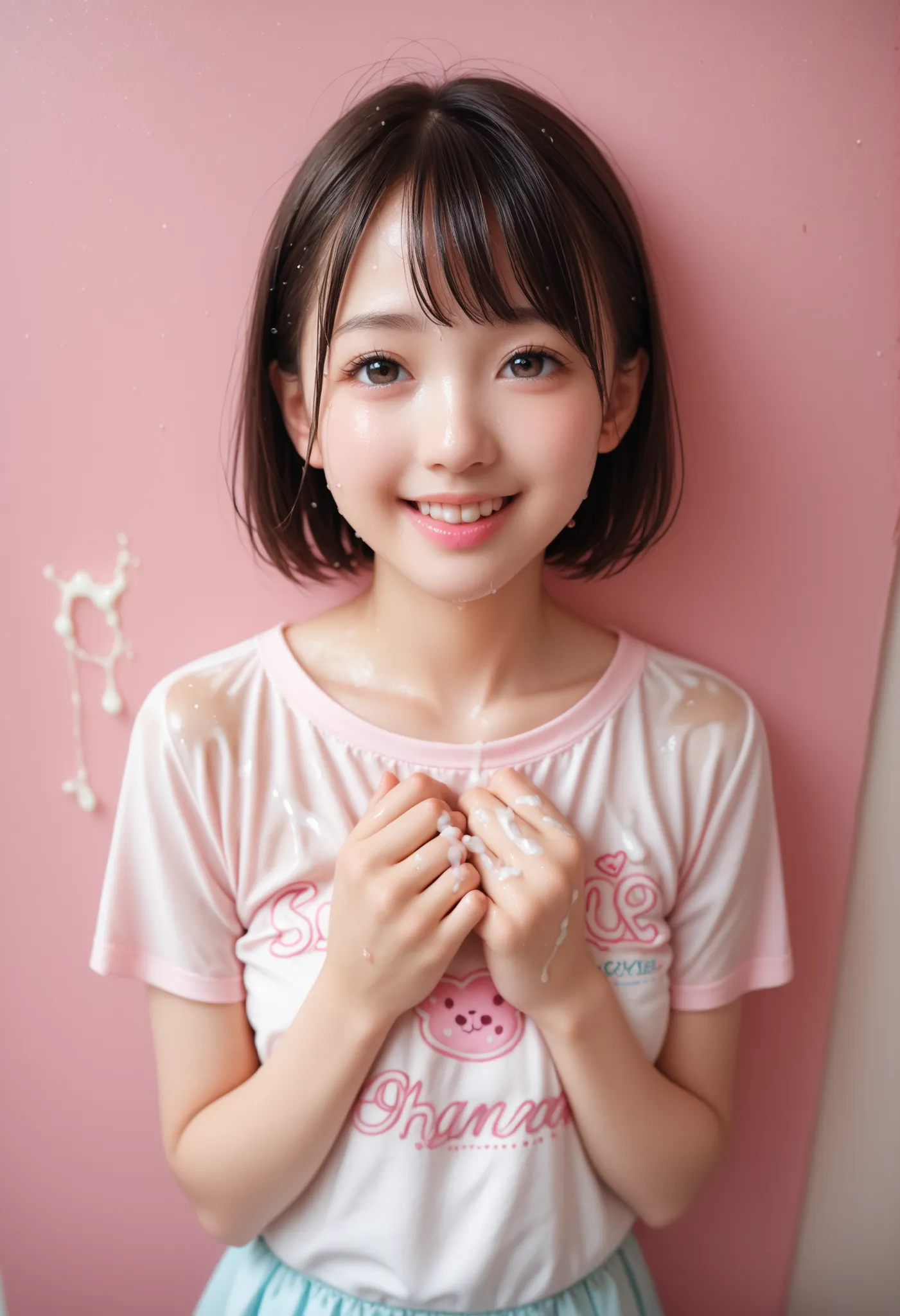 sexy anime sister (happy and horny), (((wet))) wear, show off hands for viewer, white lotion on hands, anime, hentai, cartoon, hardcore hentai, erome, cum on wet toy, on wall, in pink room, pastel color style, sprinkle cum from up, sprinkle cum from around...