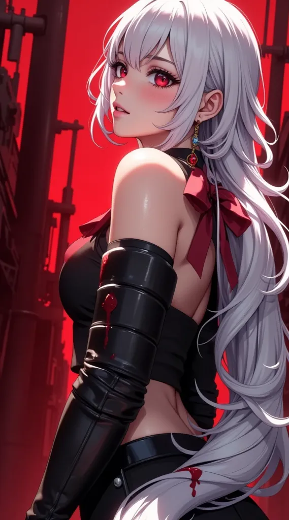  (masterpiece,  computer, mejor quality,  Clear focus, shadow, anime style, ultra high resolution, 8K, perfect anatomy, rostro perfecto, (detailed face), (  Detailed eye  ), score_9, score_8_up, score_7_up, score_6_up, score_5_up, score_4_up,  source _Animated, Label 1, Label2, quality_masterpiece, anatomically correct, beautiful face, rostro perfecto, Beautiful and highly detailed face and eyes, Attractive face, detailed face, delicate facial features, detailed leather, pechos enormes, breast size cup D or DD, wide hips, gigantic butt texture, thick thighs. Ilustración de estilo anime de una hermosa mujer con un look elegante y sensual con una estética dark y dramática aparece en primer plano. You have the slightly blushed face and a serious or melancholic expression. Her skin is fair, her eyes are large and bright and intense red, with a supernatural touch. He wears long white or silver hair that falls in soft waves up to the waist. She wears a dark sleeveless top, tight and bloodstained, with a gothic or punk style. His left arm is covered by segmented black metal armor with rivets, while his right forearm wears a white glove also stained with blood. On your right shoulder you can see a wound or splash of fresh blood, and there are multiple marks similar stains on your body and clothes. Small details such as a long and ornate earring on the left ear with red gems, a red ribbon with a choker-style bow, and a short plank skirt, dark. In the background, the scene is dyed red with unfocused industrial or mechanical silhouettes, giving a post-apocalyptic air, sinister or hellish.  The atmosphere is intense , with a strong emotional charge, and evokes feelings of battle, pérdida o transformación dark.
