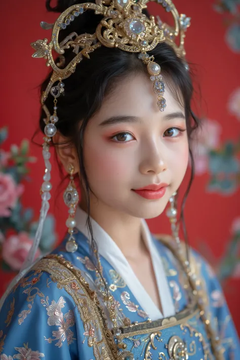 A majestic portrait of a woman in traditional Chinese royal attire, adorned with an intricate golden headdress featuring ornate details, tassels, and jewels that cascade elegantly down her hair. Her expression is poised and regal, with captivating golden-b...