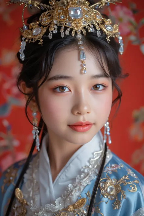 A majestic portrait of a woman in traditional Chinese royal attire, adorned with an intricate golden headdress featuring ornate details, tassels, and jewels that cascade elegantly down her hair. Her expression is poised and regal, with captivating golden-b...