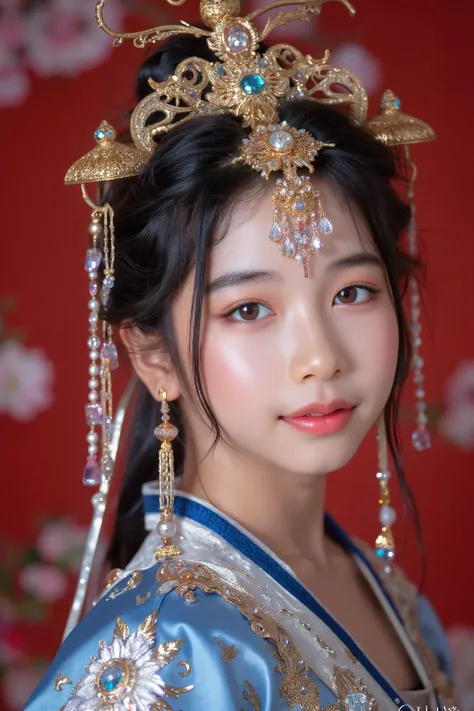 A majestic portrait of a woman in traditional Chinese royal attire, adorned with an intricate golden headdress featuring ornate details, tassels, and jewels that cascade elegantly down her hair. Her expression is poised and regal, with captivating golden-b...
