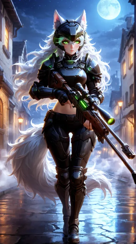 Masterpiece, best quality, amazing quality, absurdres, very aesthetic, lazypos, 3D, 1 woman, (woman , tall, slim, medium-big chest, large hip, silver long hair, fluffy hair, wolf ears, fluffy ears, wolf eyes, fluffy tail, clear skin), smooth natural moonli...