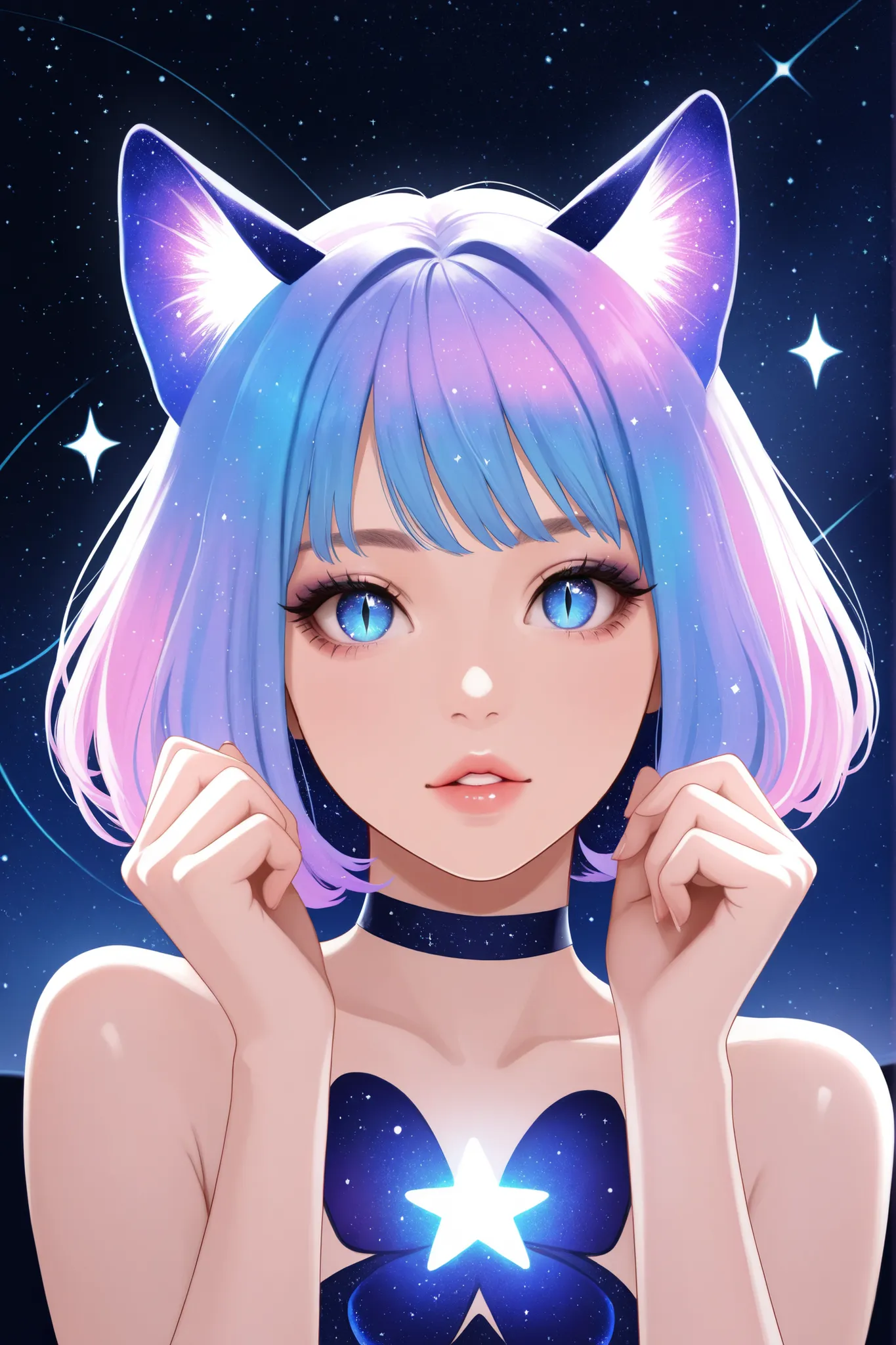 1girl, cosmic,sparkle, solo, animal_ears,close_up,cosmic,stardust_body ultralong_hair, star_(symbol),female_cancer_zodiac_cat,cancer_zodiac_cat,beautiful_cosmic_ultra_long_lashes_eyes, blue_eyes, looking_at_viewer, cat_ears, multicolor_hair, bangs, slit_pu...