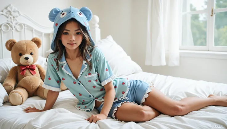 doce, Innocent and cute ager wearing a teddy bear hat and in her sexy pajamas sitting on the bed, (((slightly open pajama shirt, fantasy, shorts de pijama)))
