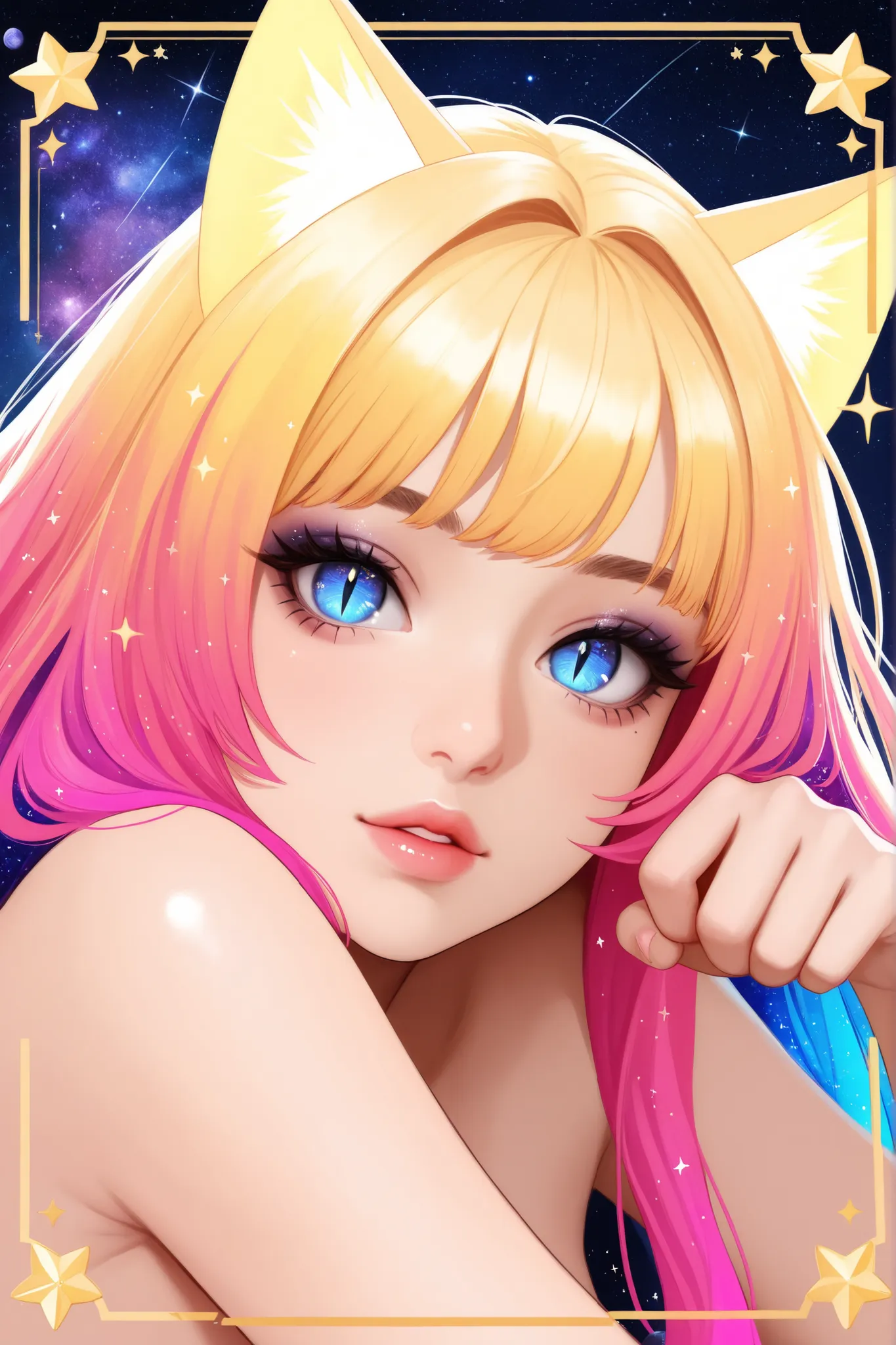 1girl, cosmic,sparkle, solo, animal_ears,close_up,cosmic,stardust_body ultralong_hair, star_(symbol),female_cancer_zodiac_cat,cancer_zodiac_cat,beautiful_cosmic_ultra_long_lashes_eyes, blue_eyes, looking_at_viewer, cat_ears, multicolor_hair, bangs, slit_pu...
