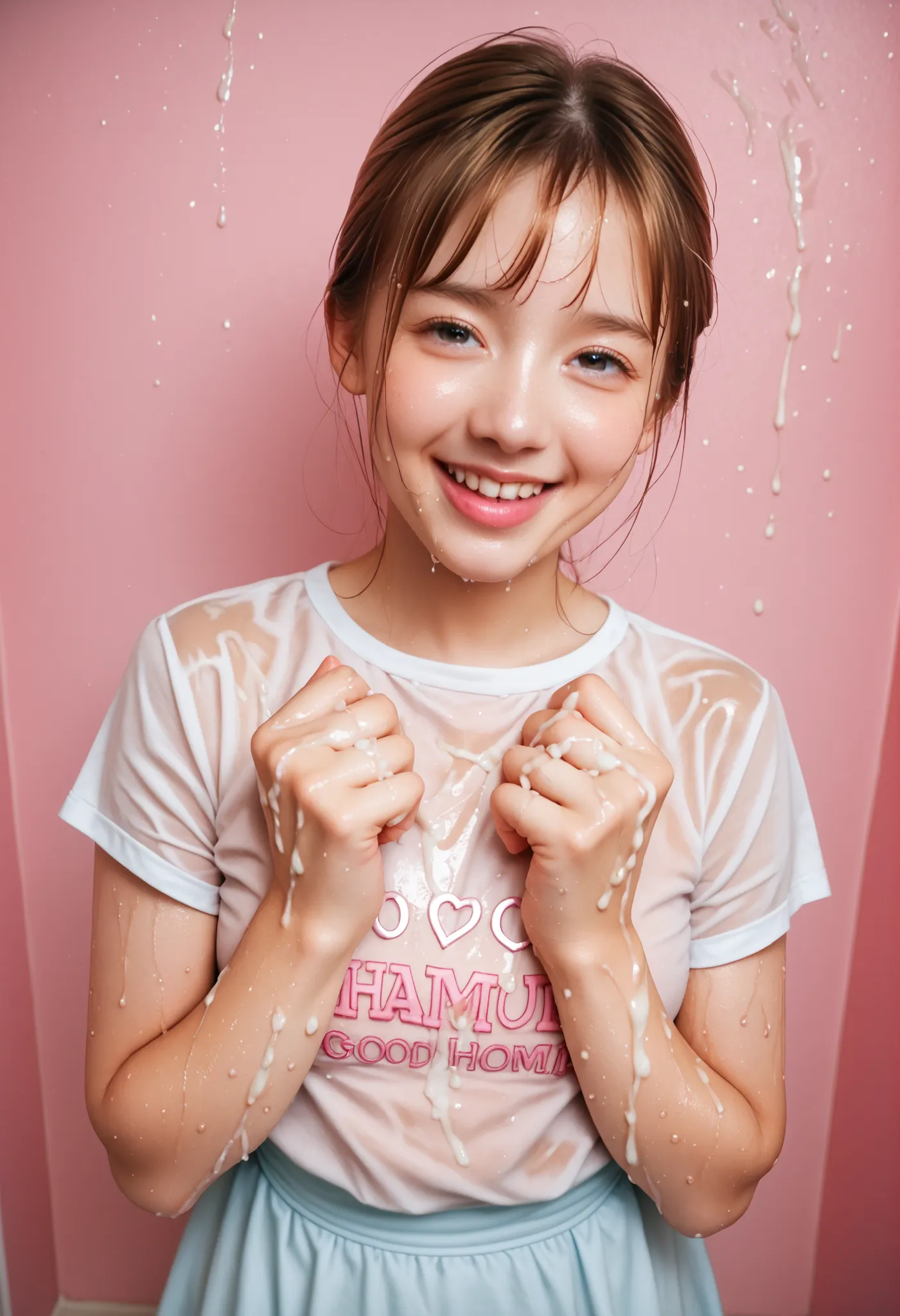 sexy anime adult lady sister (happy and horny), (((wet))) wear, show off hands for viewer, white lotion on hands, anime, hentai, cartoon, hardcore hentai, erome, cum on wet toy, on wall, in pink room, pastel color style, sprinkle cum from up, sprinkle cum ...