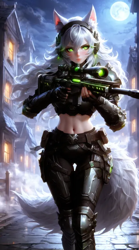 Masterpiece, best quality, amazing quality, absurdres, very aesthetic, lazypos, 3D, 1 woman, (woman , tall, slim, medium-big chest, large hip, silver long hair, fluffy hair, wolf ears, fluffy ears, wolf eyes, fluffy tail, clear skin), smooth natural moonli...