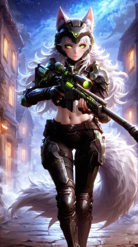 Masterpiece, best quality, amazing quality, absurdres, very aesthetic, lazypos, 3D, 1 woman, (woman , tall, slim, medium-big chest, large hip, silver long hair, fluffy hair, wolf ears, fluffy ears, wolf eyes, fluffy tail, clear skin), smooth natural moonli...