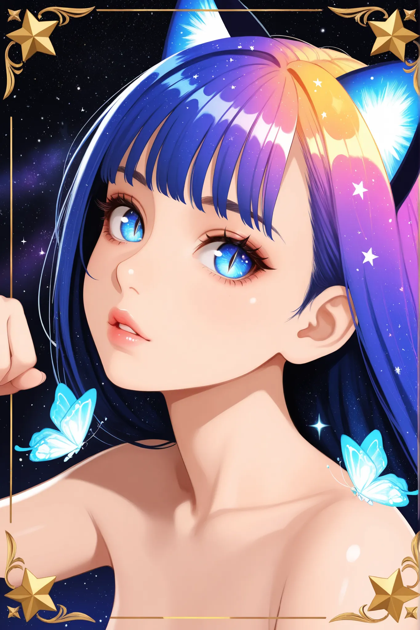 1girl, cosmic,sparkle, solo, animal_ears,close_up,cosmic,stardust_body ultralong_hair, star_(symbol),female_cancer_zodiac_cat,cancer_zodiac_cat,beautiful_cosmic_ultra_long_lashes_eyes, blue_eyes, looking_at_viewer, cat_ears, multicolor_hair, bangs, slit_pu...